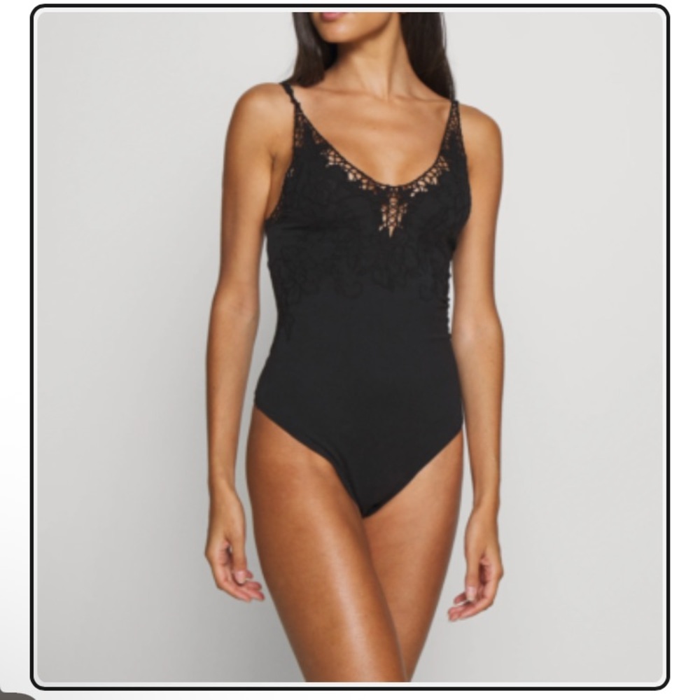 Free People Lea Bodysuit Floral Embroidery Top Black Size M